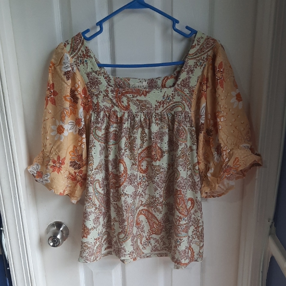 Orange and Cream Ruffled Blouse with Flutter Sleeves